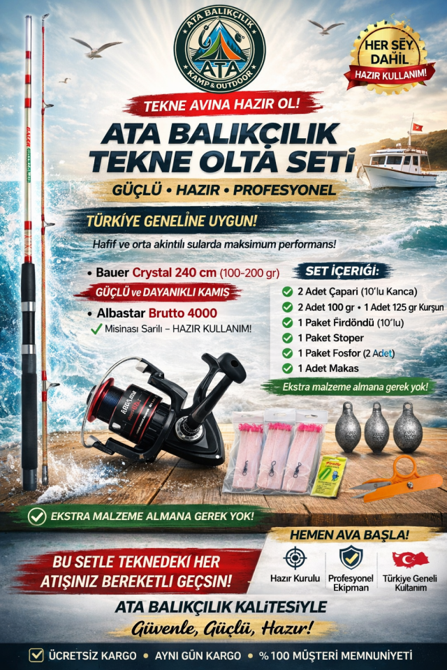 Ata Balıkçılık Hazır Kurulu Uygun Tekne Olta Takımı Seti - Full Aksesuarlı (Her Şey Dahil)